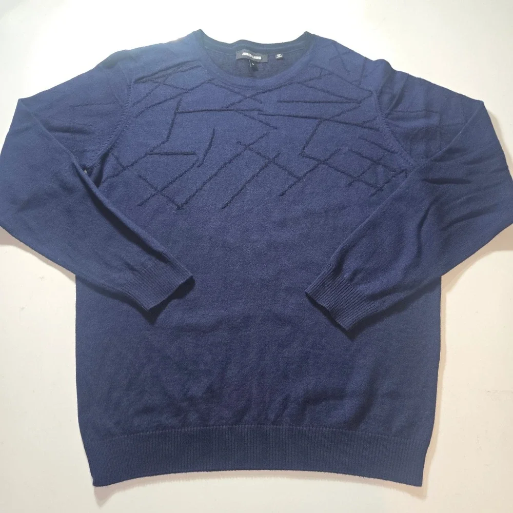 Jared Lang Mens Navy Blue Wool Blend Textured Geometric Crewneck Sweater Large